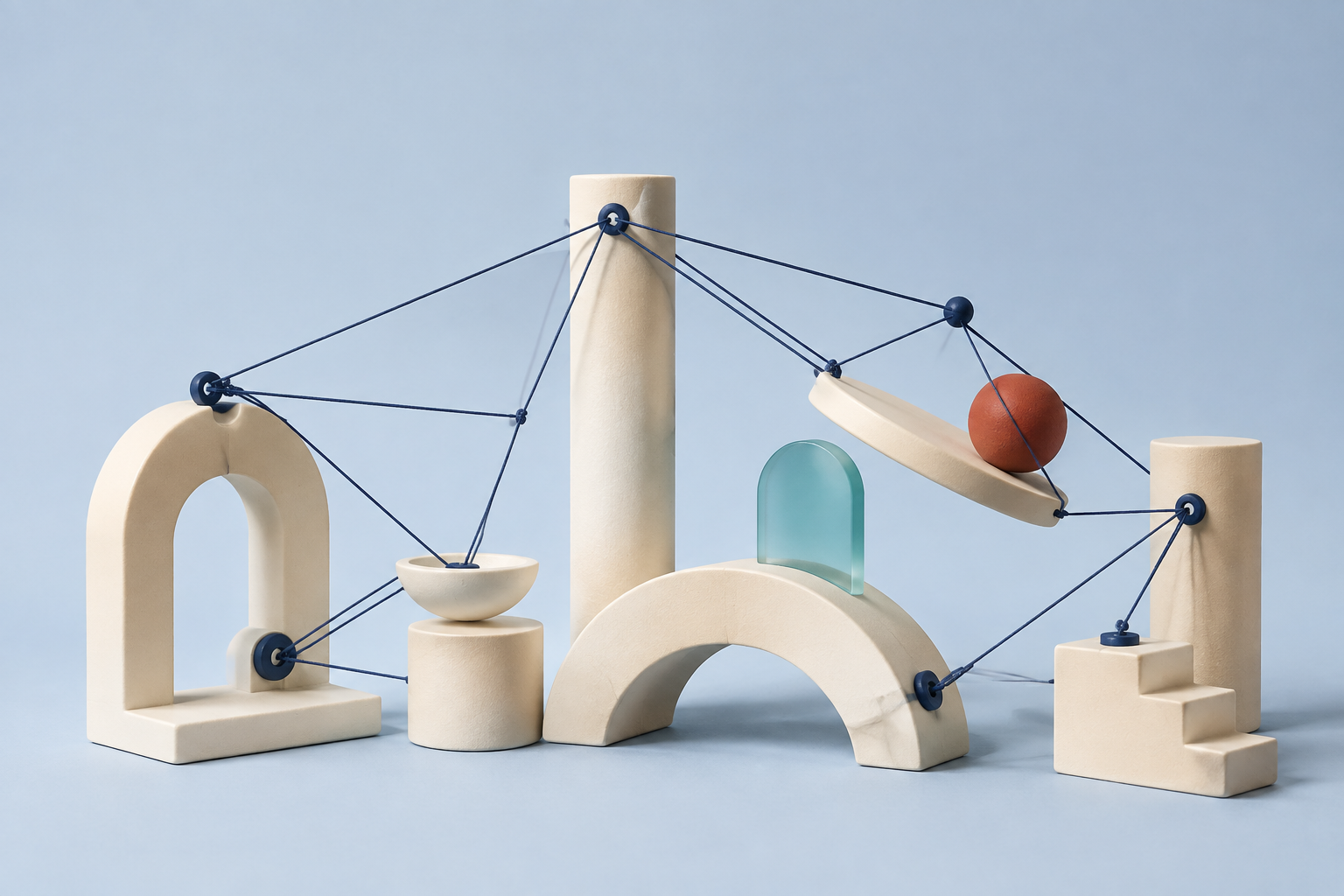 Cream ceramic structures linked by threads, with a suspended terracotta sphere pulling on the network.