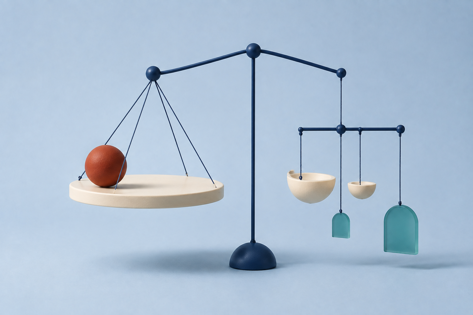 A suspended ceramic platform is balanced by a system of sculptural counterweights.