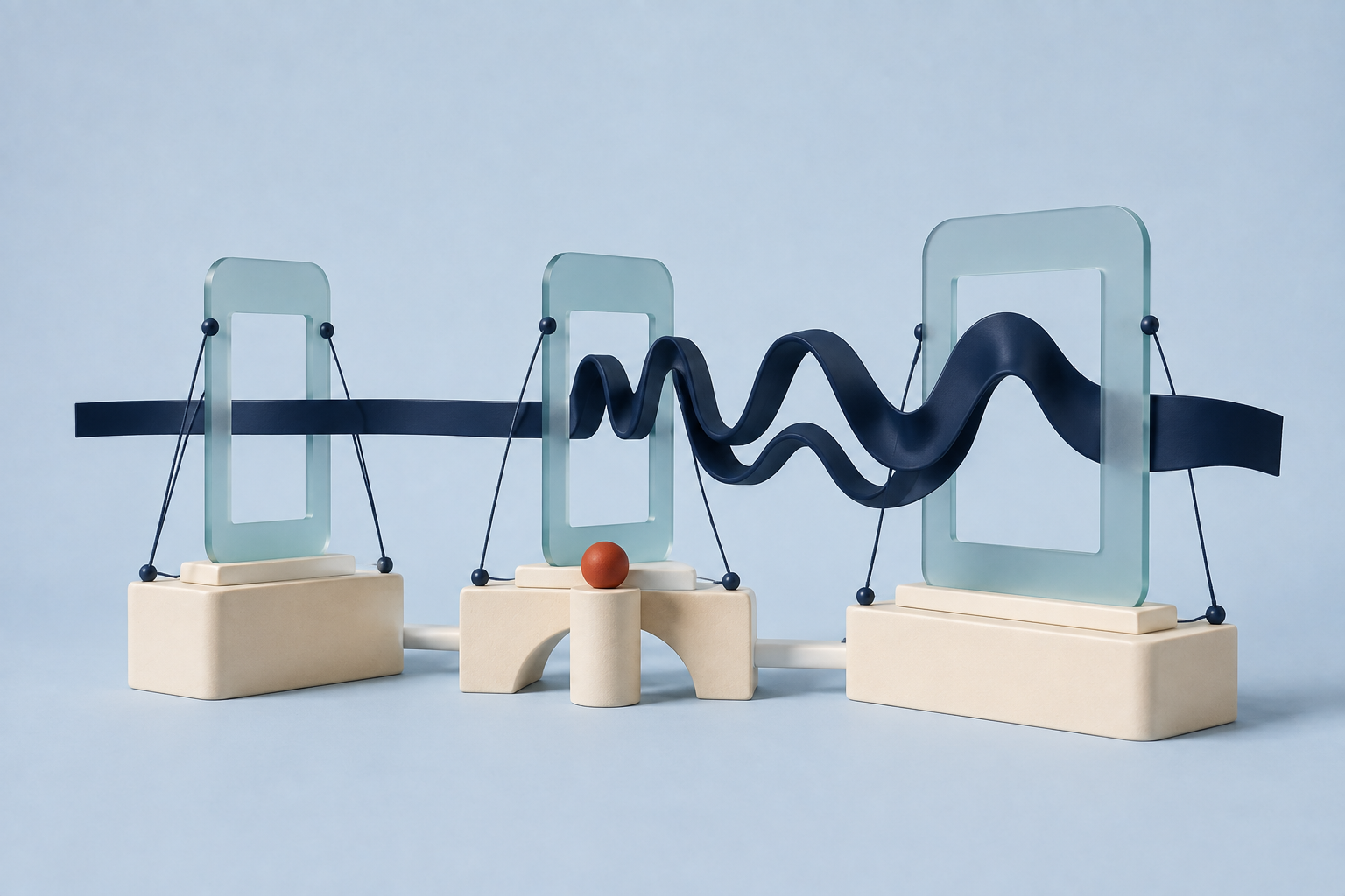 A navy ribbon travels through translucent frames that widen around a changing, irregular section.